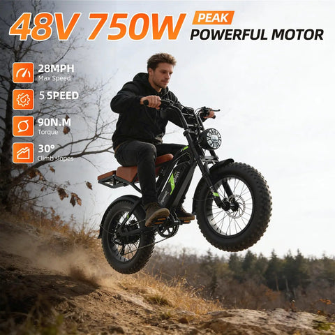 Man riding rugged electric bike for adults with 500W brushless motor, 48V 18Ah battery, 90Nm torque, off-road, 20x4 inch tires