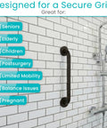Solid as a Rock Shower Grab Bar Heavy Duty Bathroom Handrail With Zero Slip Grip And Super Strong 440 Lbs Weight Capacity For Senior Mobility Safety Stainless Steel Assist Handle installed on tiled bathroom wall for secure grip.