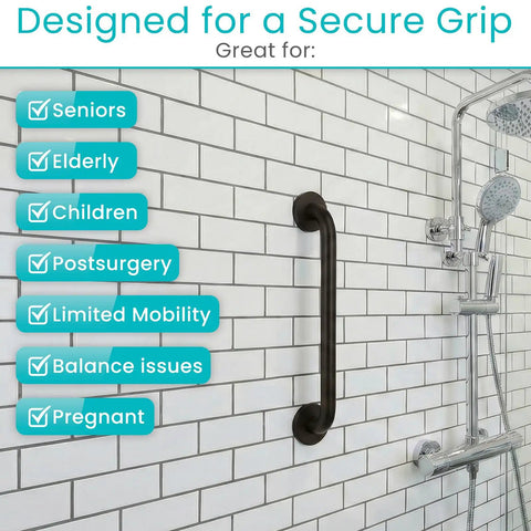 Solid as a Rock Shower Grab Bar Heavy Duty Bathroom Handrail With Zero Slip Grip And Super Strong 440 Lbs Weight Capacity For Senior Mobility Safety Stainless Steel Assist Handle installed on tiled bathroom wall for secure grip.