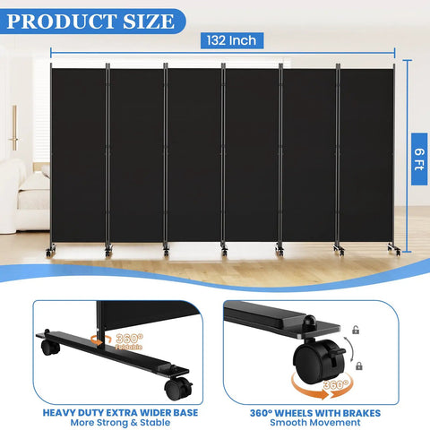 6-Foot Folding Privacy Screen With Lockable Wheels Freestanding 6-Panel Room Divider For Home Dorm Studio Or Office
