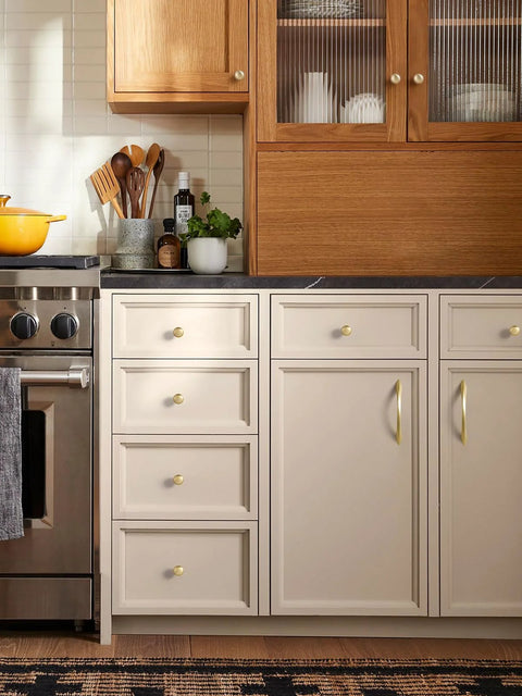 Kitchen cabinets with Brushed Gold Cabinet Knobs Round Brass Drawer Pulls Zinc Alloy 2 Pack for Kitchen Cupboards and Dresser Cabinets