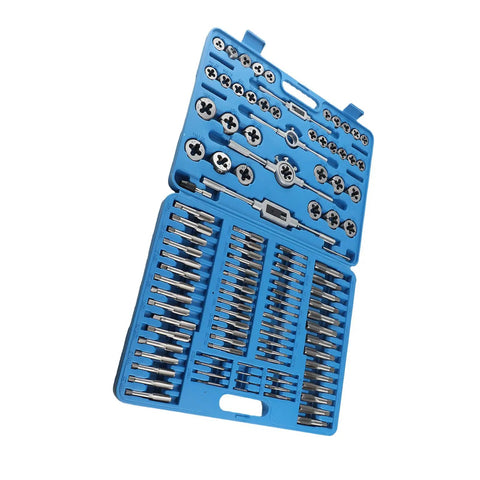Ultimate 110 Piece Carbon Steel Metric Thread Tap And Die Set With Adjustable Wrenches For Hand Tapping Bolt Threading Male Female Nut Cutting Tools Perfect For Mechanics in blue case