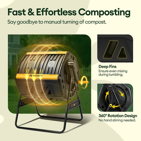 Outdoor Dual Chamber 53 Gallon Compost Tumbler With 360 Degree Spin Sliding Doors Solid Steel Frame Built In Mixing Bars