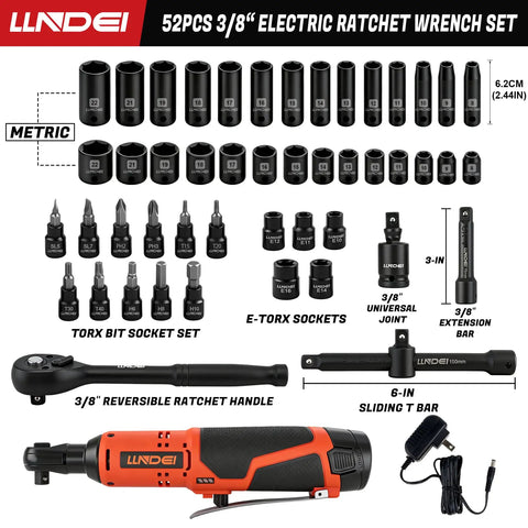 Beefed Up Pro Grade Three Eighths Inch Cordless Electric Ratchet Wrench Kit With Fifty Two Piece Socket Set Including Metric Sockets E Torx Bits Hex Bits Universal Joint Extensions Sliding T Handle And Case For Auto Repair And DIY, 52-piece set