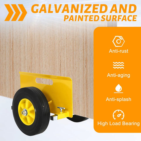 Heavy Duty Door Cart With 800 Lbs Load Capacity And 10 Inch Wheels for drywall sheets, yellow wheel against wood panel