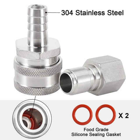 Two Pack Quick Disconnects For Homebrewing 304 Stainless Steel One Half Inch Male FPT To Barb Female Connectors