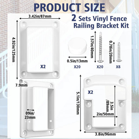 Vinyl Fence Railing Bracket Kit With Screws For 2x3.5 Inch Rails, Straight Porch And Deck Railing Brackets, White Finish, Easy Install, Includes Two T-Shaped Brackets, Two Standard Brackets, Self Drilling Screws, PVC Hole Plugs