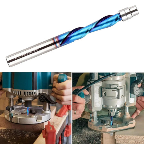 Crisp clean cuts with flush trim router bit in use, showcasing spiral design and carbide material for woodworking projects.