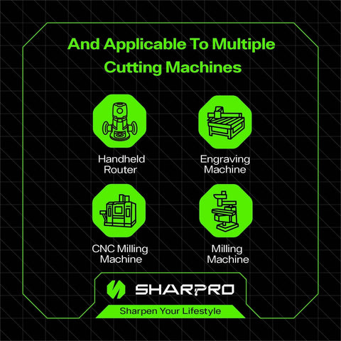 Front view of SHARPRO branding graphic with green icons for handheld router, engraving machine, CNC milling machine, milling machine.