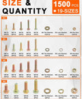Image showing the Massive 1500 Piece Metric Bolt and Nut Kit With 19 Sizes M4 To M8 12 16 20 25 30mm Bolts Grade 8.8