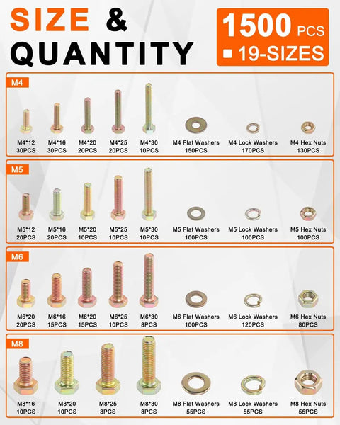 Image showing the Massive 1500 Piece Metric Bolt and Nut Kit With 19 Sizes M4 To M8 12 16 20 25 30mm Bolts Grade 8.8