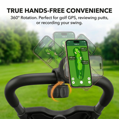 Rock Solid Magnetic Golf Push Cart Phone Holder With Heavy Duty Nailed Down N52 Mount And Sweet 360 Rotate Gps Clamp for hands-free use on golf course.
