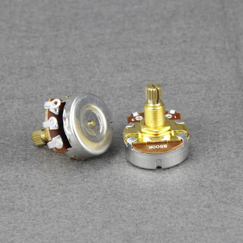 4 Pack B500K Guitar Pots 18mm Shaft Linear Taper Tone Potentiometers in golden color with split shaft and knurled grip