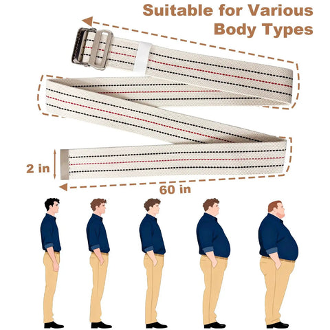 Illustration of 60 Inch Gait Belt for seniors and elderly caregivers with durable cotton fabric and sturdy metal buckle, adjustable up to 60 inches, suitable for various body types, used for safe patient handling.