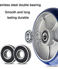 Heavy Duty Four Pack Of Eight Inch Polyurethane Swivel Caster Wheels Featuring Built Like A Tank Durability showing stainless steel double bearings.