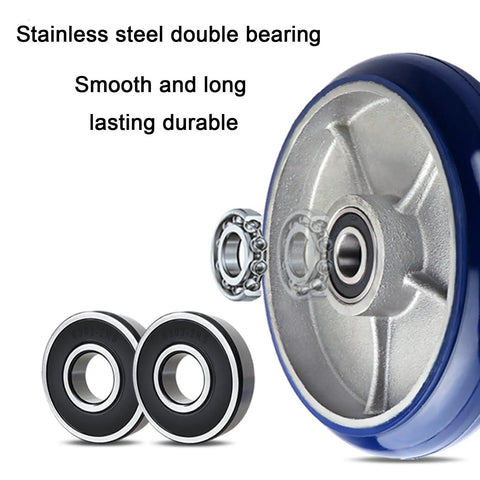 Heavy Duty Four Pack Of Eight Inch Polyurethane Swivel Caster Wheels Featuring Built Like A Tank Durability showing stainless steel double bearings.