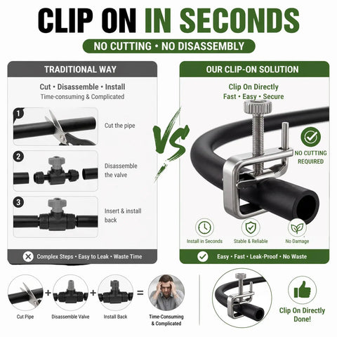 Comparison of traditional and clip-on installation methods for 12 Pack Adjustable Flow Control Hose Clamps For Half Inch Tubing Nickel Plated Brass Precision Thumb Screw Height From Zero To Half Inch Width Three Quarter Inch Ideal For Hydroponics Fountains And DIY Water Systems