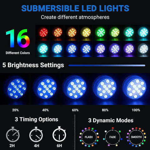 Cool Submersible LED Pool Lights Kit With Remote, 13 LED Waterproof Color Changing Underwater Lights For Inground And Above Ground Pools, Magnets And Suction Cups, Battery Operated Four Pack For Ponds displayed with color options, brightness settings, and timing modes.