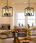 Black Farmhouse Four Light Chandelier Pendant for dining room and kitchen island adjustable height industrial lantern fixture