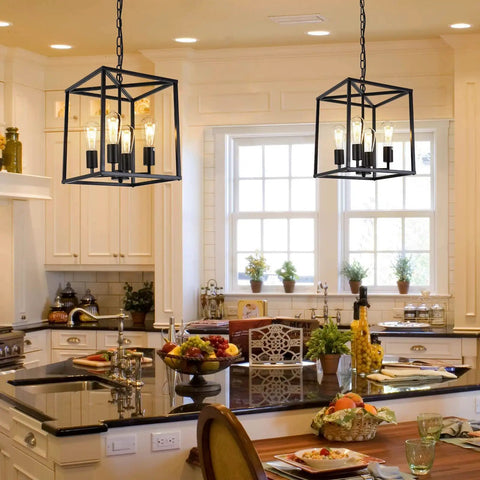 Black Farmhouse Four Light Chandelier Pendant for dining room and kitchen island adjustable height industrial lantern fixture