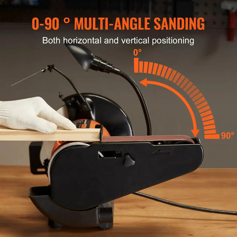 Heavy Duty Bench Grinder And Belt Sander Combo Featuring A Rock Solid 8 Inch Grinding Wheel, showing multi-angle sanding from 0 to 90 degrees.