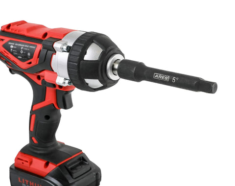 Impact driver with attached Five Inch Impact Extension Bar, laser-etched, corrosion-resistant manganese phosphate finish