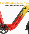 Close-up of Sunset Orange foldable electric bike frame, highlights original structural design, part of the Foldable Electric Bike For Adults With 7 Speed 20x4 Fat Tires 1500W Peak Top Speed 28 MPH 960Wh Removable Battery LG High Capacity Ebike For City Commuting Trails.