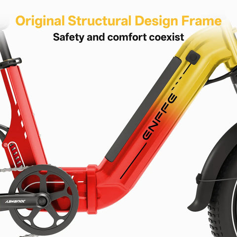 Close-up of Sunset Orange foldable electric bike frame, highlights original structural design, part of the Foldable Electric Bike For Adults With 7 Speed 20x4 Fat Tires 1500W Peak Top Speed 28 MPH 960Wh Removable Battery LG High Capacity Ebike For City Commuting Trails.