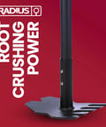 Dual Hoe And Rake Garden Tool With 58 Inch Fiberglass Shaft Close-up on carbon steel head against red background.