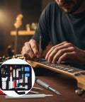 Guitar Setup And Repair Kit 26 Piece Tool Set With Nut Files String Action Gauge Leveling Ruler on table next to guitar
