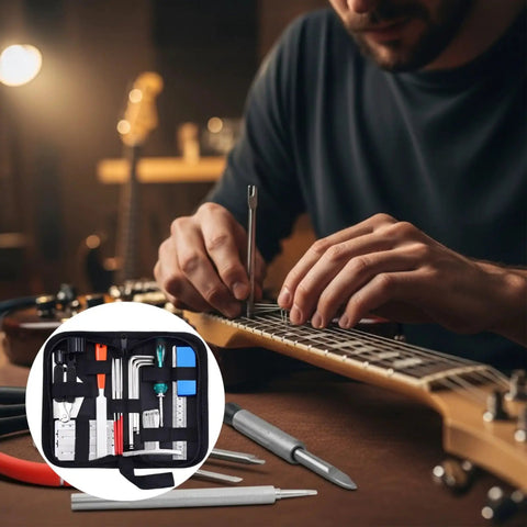 Guitar Setup And Repair Kit 26 Piece Tool Set With Nut Files String Action Gauge Leveling Ruler on table next to guitar
