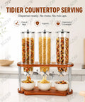 Triple Cereal Dispenser Countertop Stand With Independent Twist Knobs Moisture Sealed Clear Canisters For Oats Granola Rice Nuts And Coffee Beans, featuring three canisters on a wooden base.