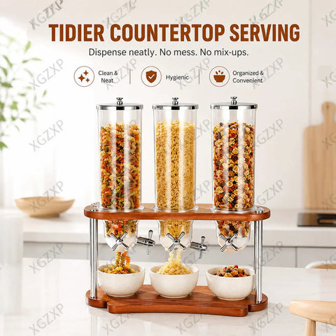 Triple Cereal Dispenser Countertop Stand With Independent Twist Knobs Moisture Sealed Clear Canisters For Oats Granola Rice Nuts And Coffee Beans, featuring three canisters on a wooden base.