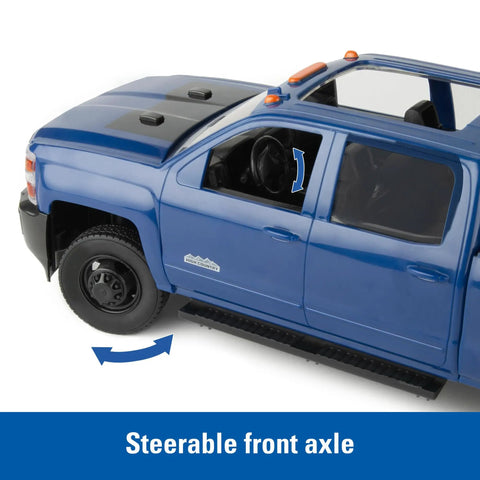 Chevy Pickup Truck Toy With Lights And Trailer For Indoor And Outdoor Play A Real Work Rig Experience 1 To 16 Scale Opening Tailgate Realistic Engine Sounds And Heavy Duty Construction Vibe For Ages 3 And Up showing steerable front axle.