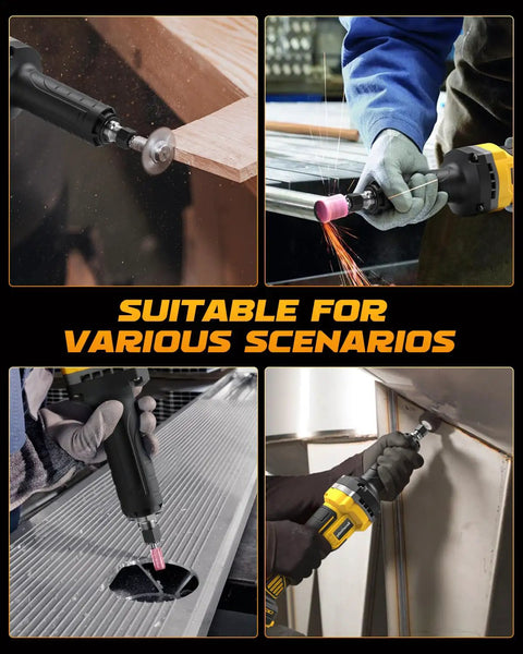 Built Different Cordless Die Grinder Compatible With Dewalt 20V Max Batteries featuring 1/4 Inch chuck in action on wood and metal.
