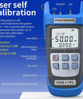 Rechargeable Optical Power Meter For Fiber Optic Testing display with calibration instructions and control buttons