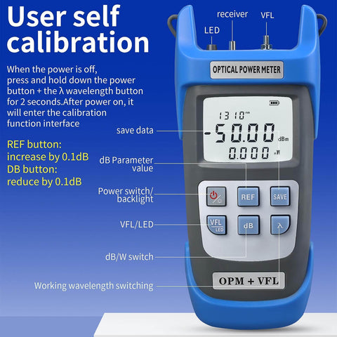 Rechargeable Optical Power Meter For Fiber Optic Testing display with calibration instructions and control buttons