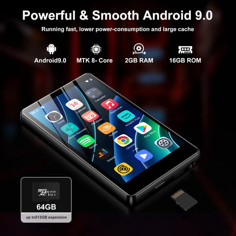80GB Android MP3 Player With Bluetooth And WiFi 4.0 Inch Touch Screen Music Player showing apps on screen, microSD slot visible