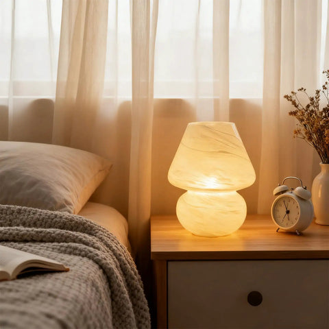 Cordless Mushroom Lamp With Battery Power And Timer, Portable Table Light With Warm White LED Bulb, Vintage Nebula Design on bedside