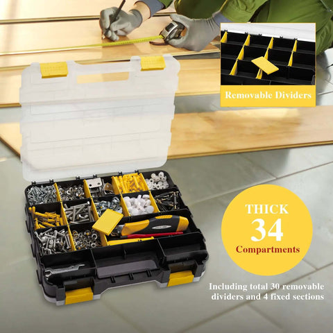Double Sided 34 Compartment Hardware Organizer Box With Removable Dividers Transparent Durable Plastic Case For Nuts Bolts Screws Nails And Small Hardware Yellow