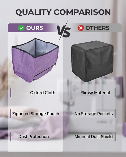 Quality comparison of serger dust cover, Oxford cloth with storage pouch vs flimsy material, demonstrating dust protection.