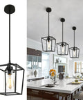 Black Farmhouse Kitchen Island Pendant Light With Metal Cage And Clear Glass Shade Giving Off Cozy Warm Vibes Over Dining Table