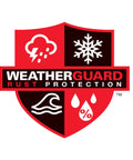 WeatherGuard Rust Protection logo with symbols for weather resistance on red and black shield