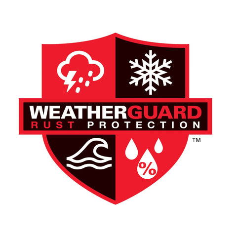 Heavy Duty 16 Inch Gate Hinge Strap Made From Steel With Zinc Plated Weather Guard Coating For Outdoor Fence And Wood Gate Applications Pre Punched For Three Eighths Inch Bolts Built To Stand Up To Weather And Everyday Use, WeatherGuard logo