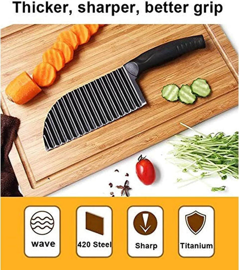 YukaBa crinkle potato cutter with black handle and stainless steel wavy blade on cutting board