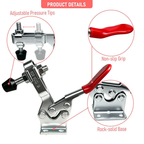 4 Pack 225D Quick Release Toggle Clamps With Killer Grip And Hella Tight 500 Pound Hold showcasing adjustable pressure tips and non-slip grip.