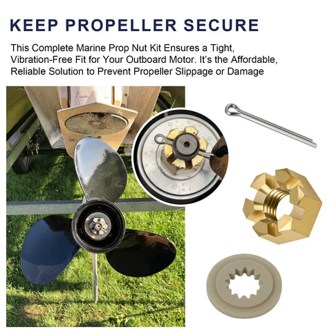 All In One Marine Prop Nut Kit With Spacer And Cotter Pin For Outboard Motors 40 140 HP Replaces GLM 22350 shown with propeller