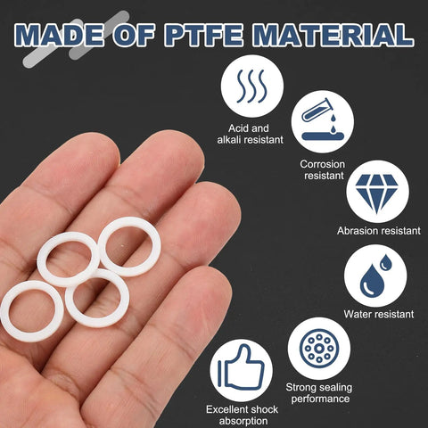 PTFE Flat Washers 60 Pack M13 White O Ring Sealing Gaskets And Heavy Duty Spacers For Faucets Pipes Valves showing four ring gaskets.