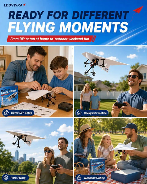 Remote Control Paper Airplane Kit With Motor Powered Flight Gyro Stabilizer used in different outdoor settings