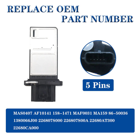 Mass Air Flow Sensor Meter 22680-7S000 Cross Compatible With Nissan Pathfinder Frontier Altima Versa Armada Xterra Infiniti G35 FX35 M35 QX56 M45 Replacement for OE 86-50036 AF10141, shown with 5-pin connector